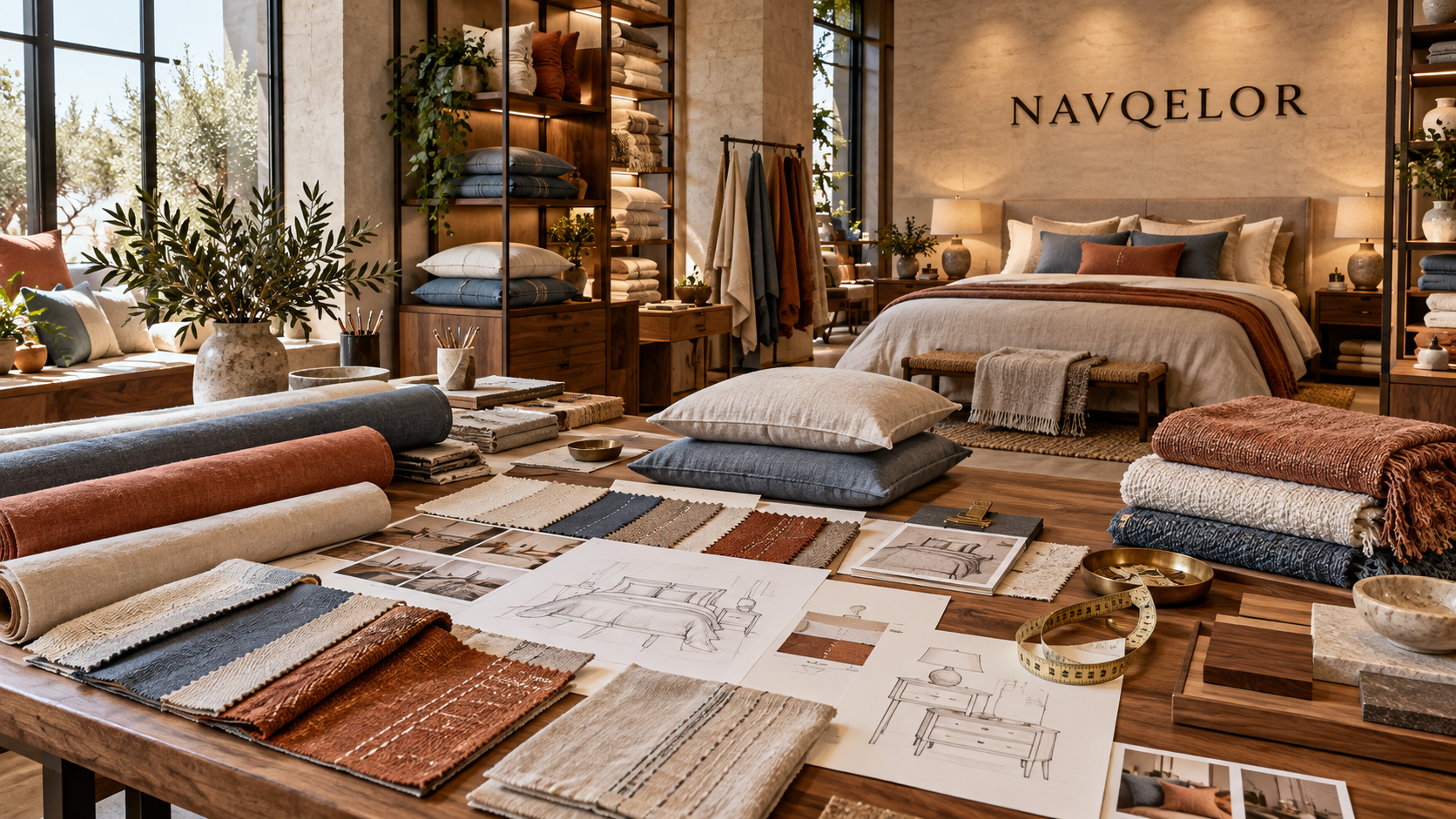 Navqelor bedroom design studio with textile swatches, bedding samples and product sketches